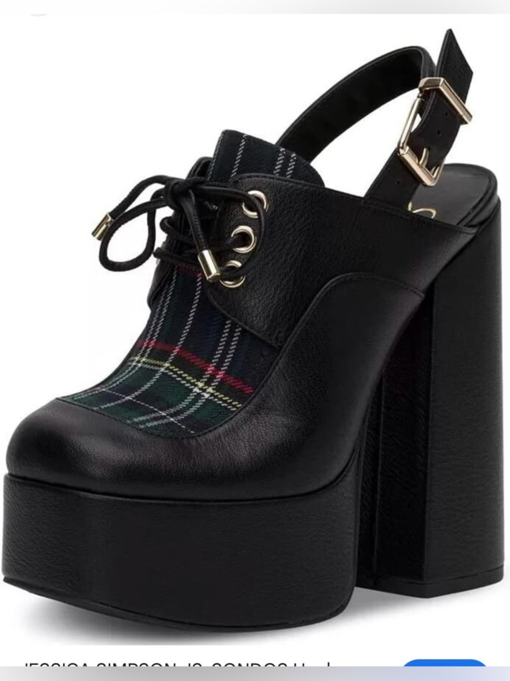 Jessica Simpson Black Leather Platform Slingback Pumps with Plaid Vamp